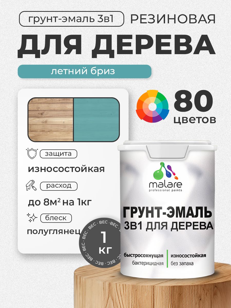 Латексная Грунт-Эмаль 3 в 1 Malare для деревянных поверхностей с антисептическим эффектом, быстросохнущая моющаяся без запаха полуглянцевая, летний бриз, 1 кг