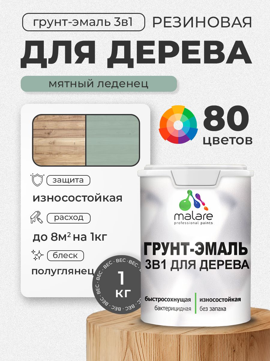 Латексная Грунт-Эмаль 3 в 1 Malare для деревянных поверхностей с антисептическим эффектом, быстросохнущая моющаяся без запаха полуглянцевая, мятный леденец, 1 кг