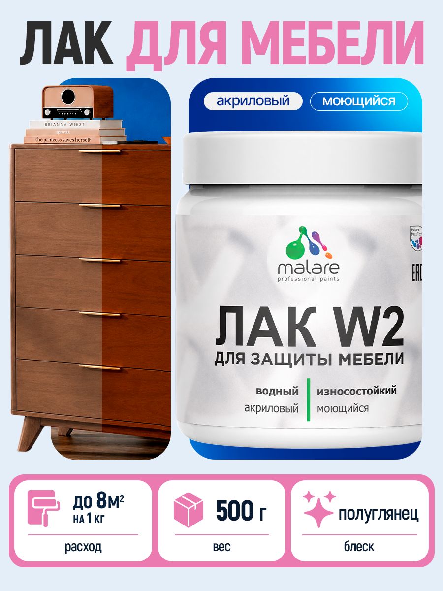 Моющийся лак для мебели Malare W2 для кухонных фасадов, для дерева и минеральных поверхностей, акриловый быстросохнущий без запаха, прозрачный, полуглянцевый, 0.5 кг