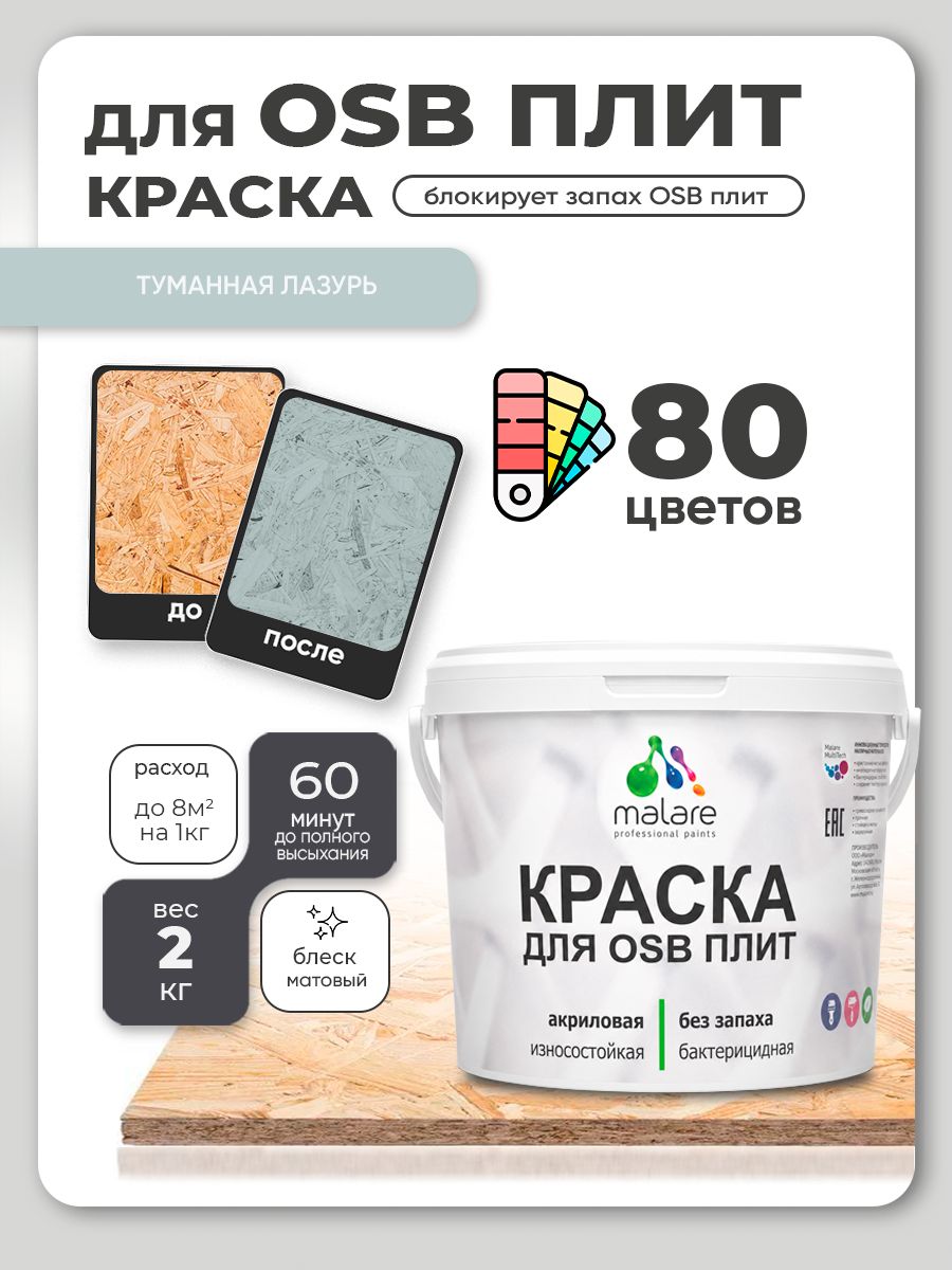 Акриловая краска для ОСБ плит Malare для дерева для наружных и внутренних работ, быстросохнущая без запаха матовая, туманная лазурь, 2 кг
