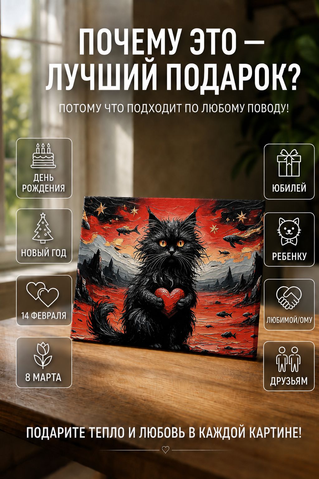 Котик с сердечком на алом закате