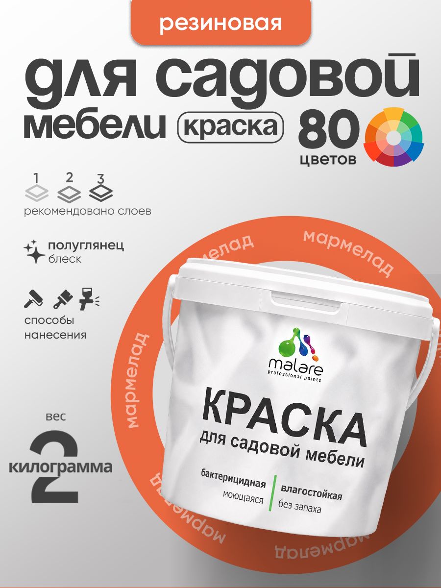 Резиновая краска Malare для садовой мебели/ по дереву, для наружных и внутренних работ/ быстросохнущая моющаяся без запаха полуглянцевая, мармелад, 2 кг