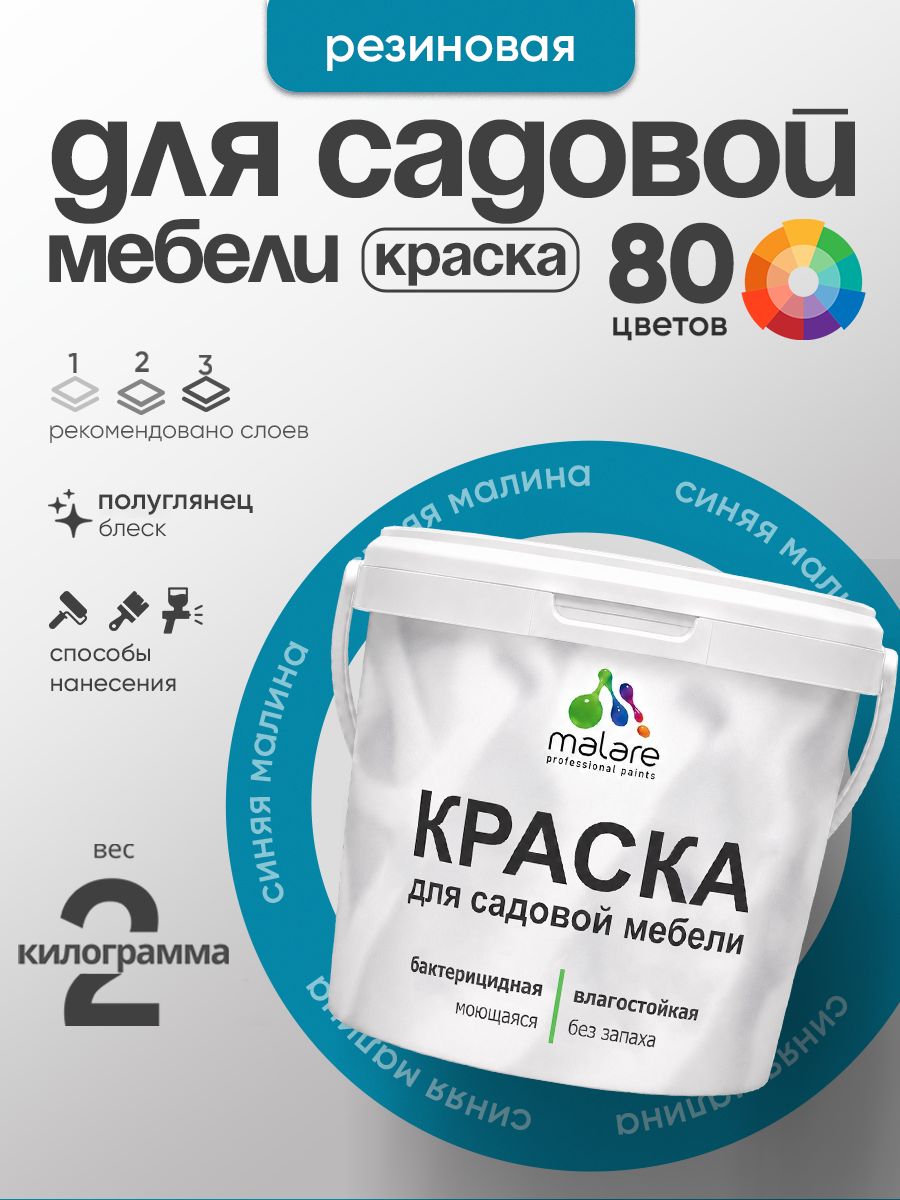Резиновая краска Malare для садовой мебели/ по дереву, для наружных и внутренних работ/ быстросохнущая моющаяся без запаха полуглянцевая, синяя малина, 2 кг