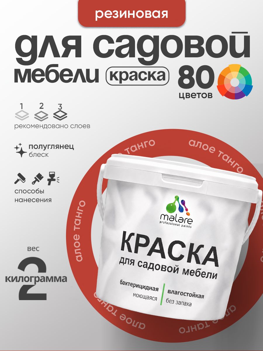 Резиновая краска Malare для садовой мебели/ по дереву, для наружных и внутренних работ/ быстросохнущая моющаяся без запаха полуглянцевая, алое танго, 2 кг
