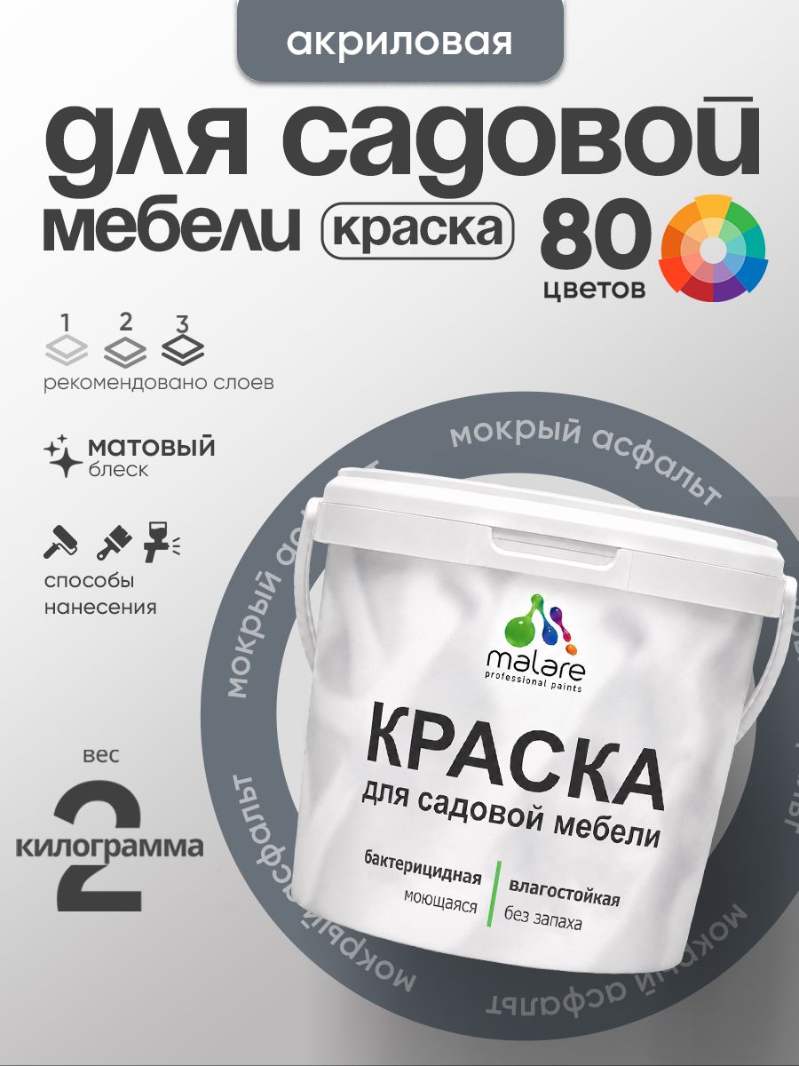 Акриловая краска Malare для садовой мебели/ по дереву, для наружных и внутренних работ/ быстросохнущая моющаяся без запаха матовая, мокрый асфальт, 2 кг