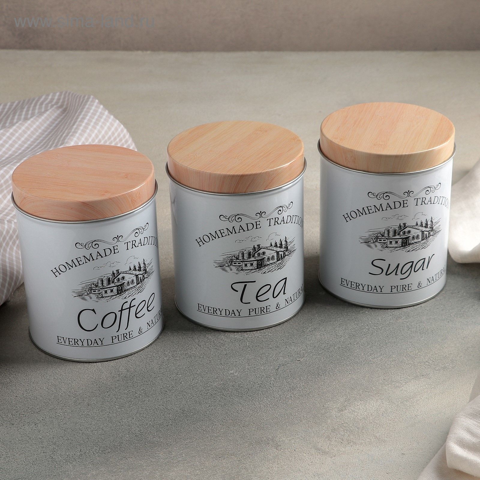 Банки для сыпучих продуктов "Sugar, Coffee, Tea", объем 1.2 л, набор 3 шт, 10,5x14 см, жесть