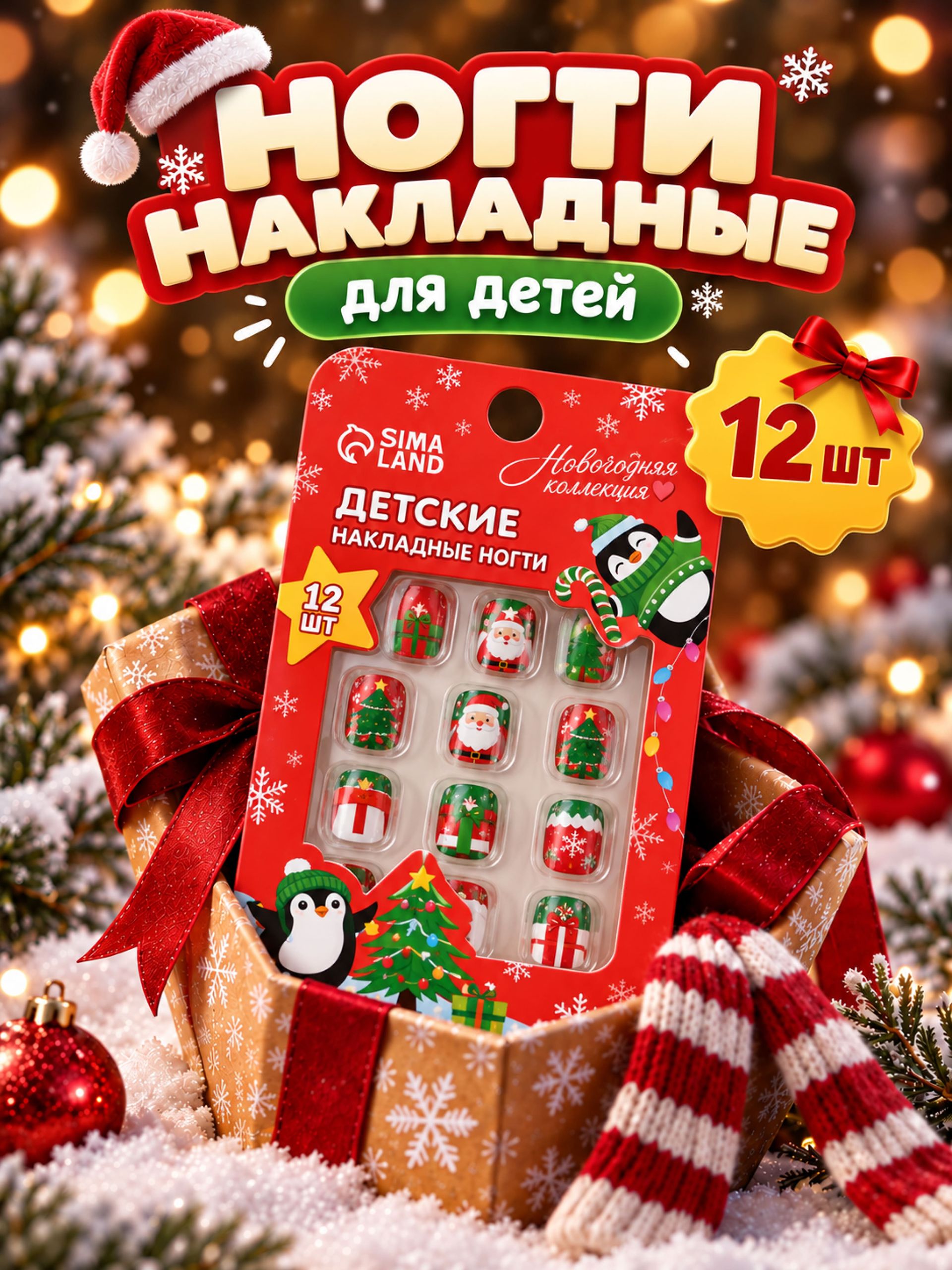 Детские накладные ногти на новый год Новогодние подарки , 12 шт.