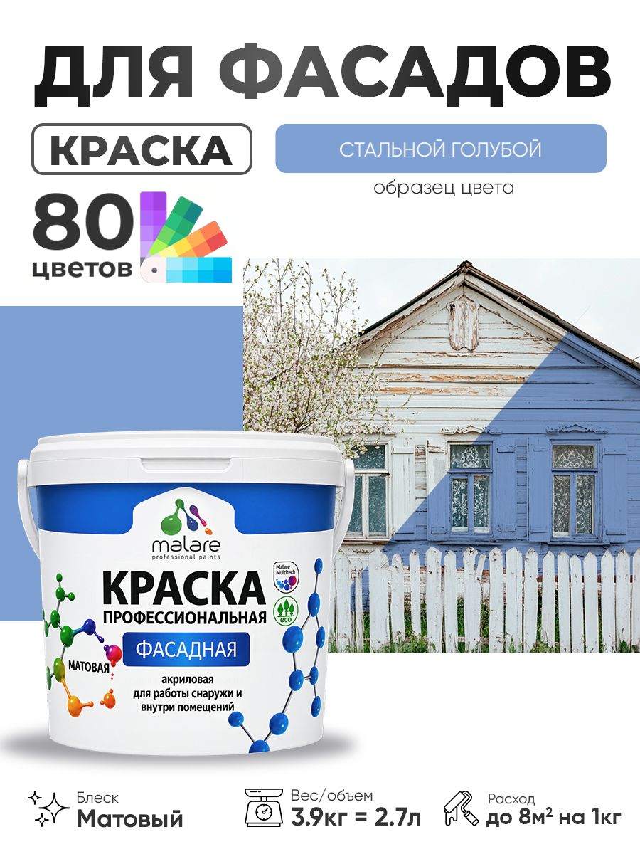 Краска фасадная для наружных работ Malare Professional для дерева по бетону, для минеральных поверхностей, акриловая быстросохнущая без запаха, матовая, стальной голубой, (2.7л - 3.9кг)