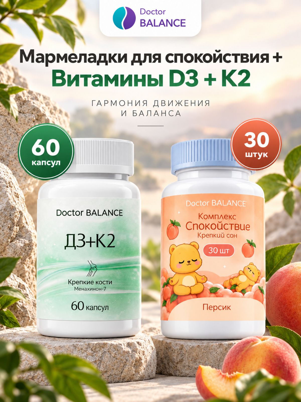 Набор Doctor Balance: Мармеладки для спокойствия, персик 30 + Витамины D3 + K2 60