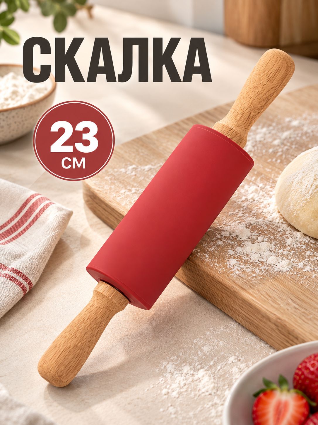 Скалка для теста, силиконовая, 23 4 см, рабочая часть 10 см, красная
