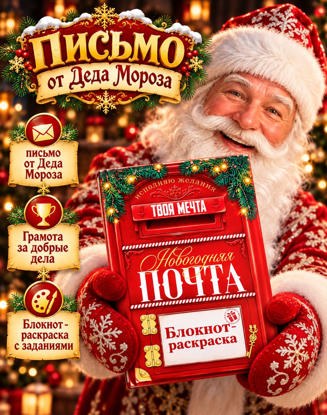 Подарочный набор новогодний, письмо от Деда Мороза, блокнот-раскраска, грамота Новогодняя почта