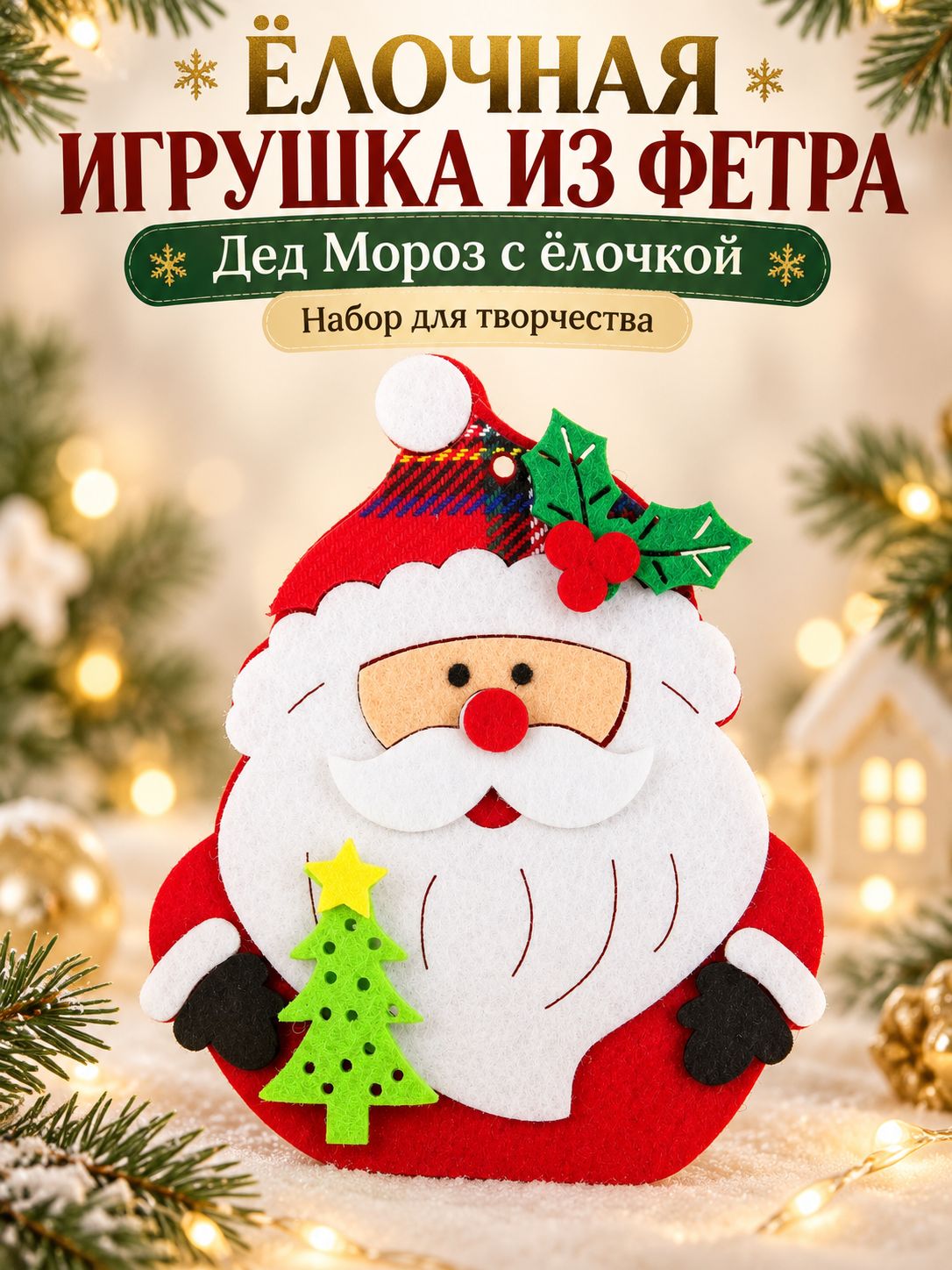 Ёлочная игрушка своими руками из фетра "Дед мороз с ёлочкой" , набор для творчества для детей