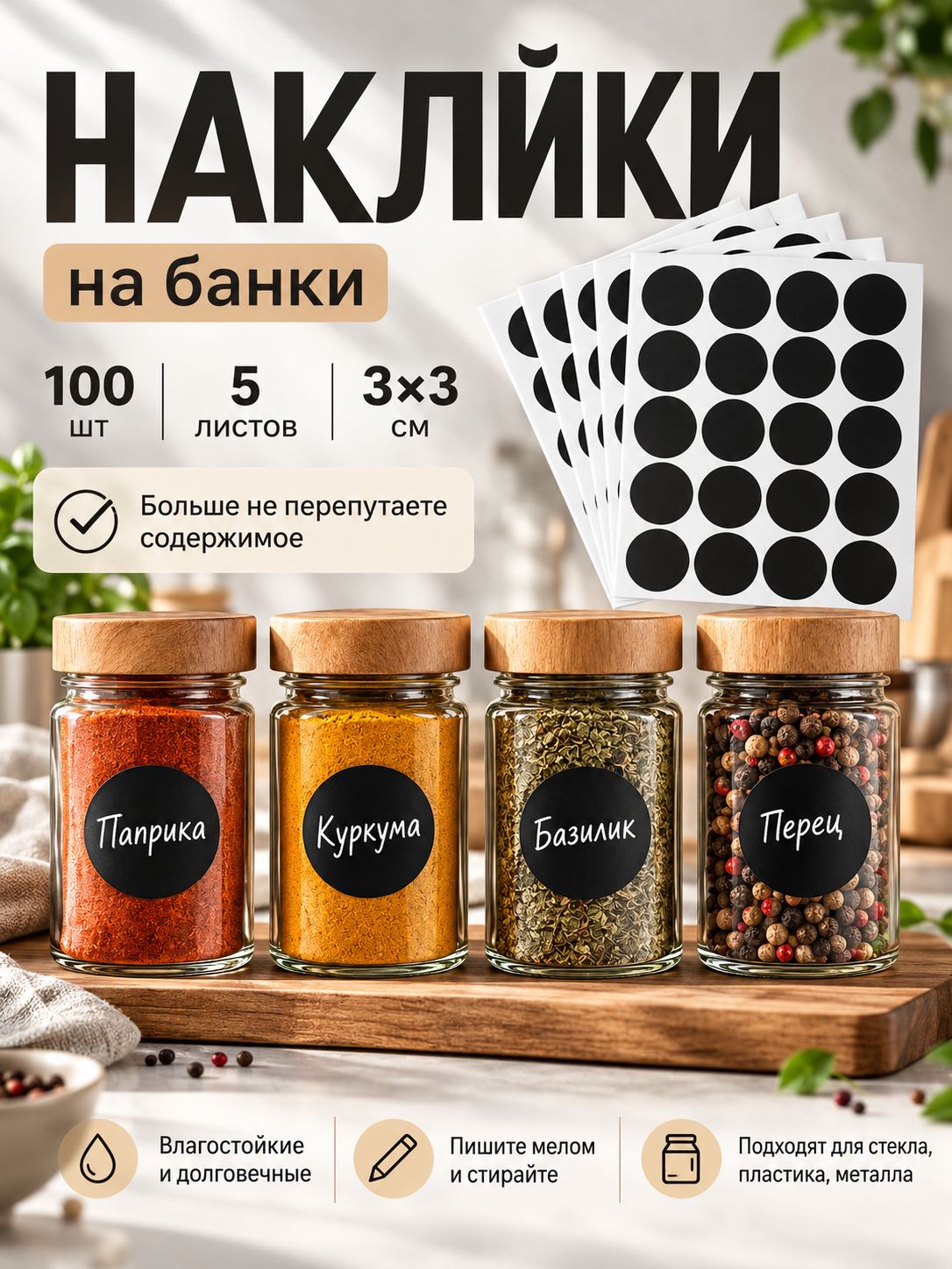 Меловые наклейки-ценники круглые, самоклеящиеся чёрные этикетки, 3x3 см, 5 листов