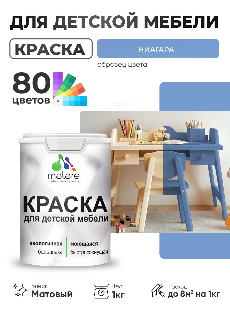 Акриловая краска Malare для детской мебели, мебели из дерева, моющаяся, быстросохнущая без запаха матовая, ниагара, 1 кг.