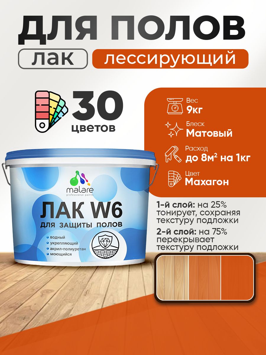 Лак колерованный тонирующий для защиты пола Malare W6 для паркета и ламината, для дерева и минеральных поверхностей, водный без запаха быстросохнущий, матовый, махагон, 9 кг.