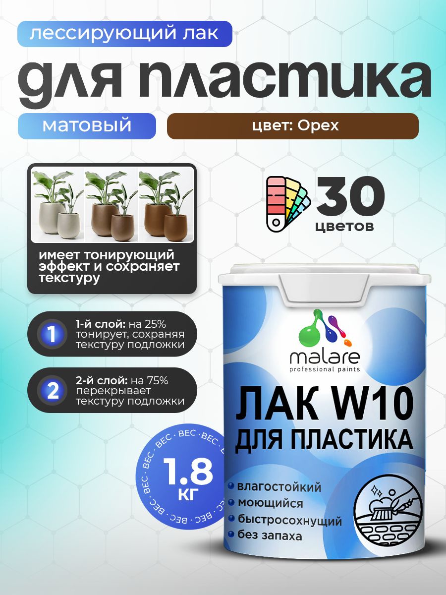 Лак колерованный тонирующий для защиты пластика Malare W10 акриловый моющийся быстросохнущий, матовый, орех, 1.8 кг.