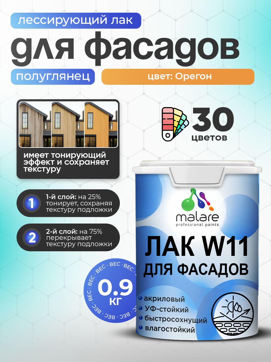 Лак колерованный тонирующий фасадный Malare W11 для защиты фасадов зданий, для дерева, камня и кирпича, быстросохнущий влагостойкий экологичный, полуглянцевый, орегон, 0.9 кг.