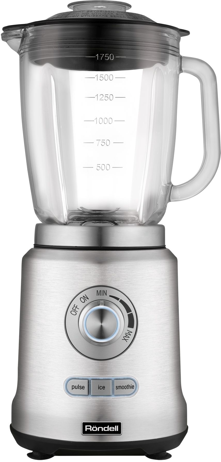 RondellБлендернастольныйRDE-1253,стационарныйдлясмузиикоктейлей,4скоростиирежимыпульс/лед/смузи,мощность1200Вт,6стальныхножей,стекло,объем1,75л