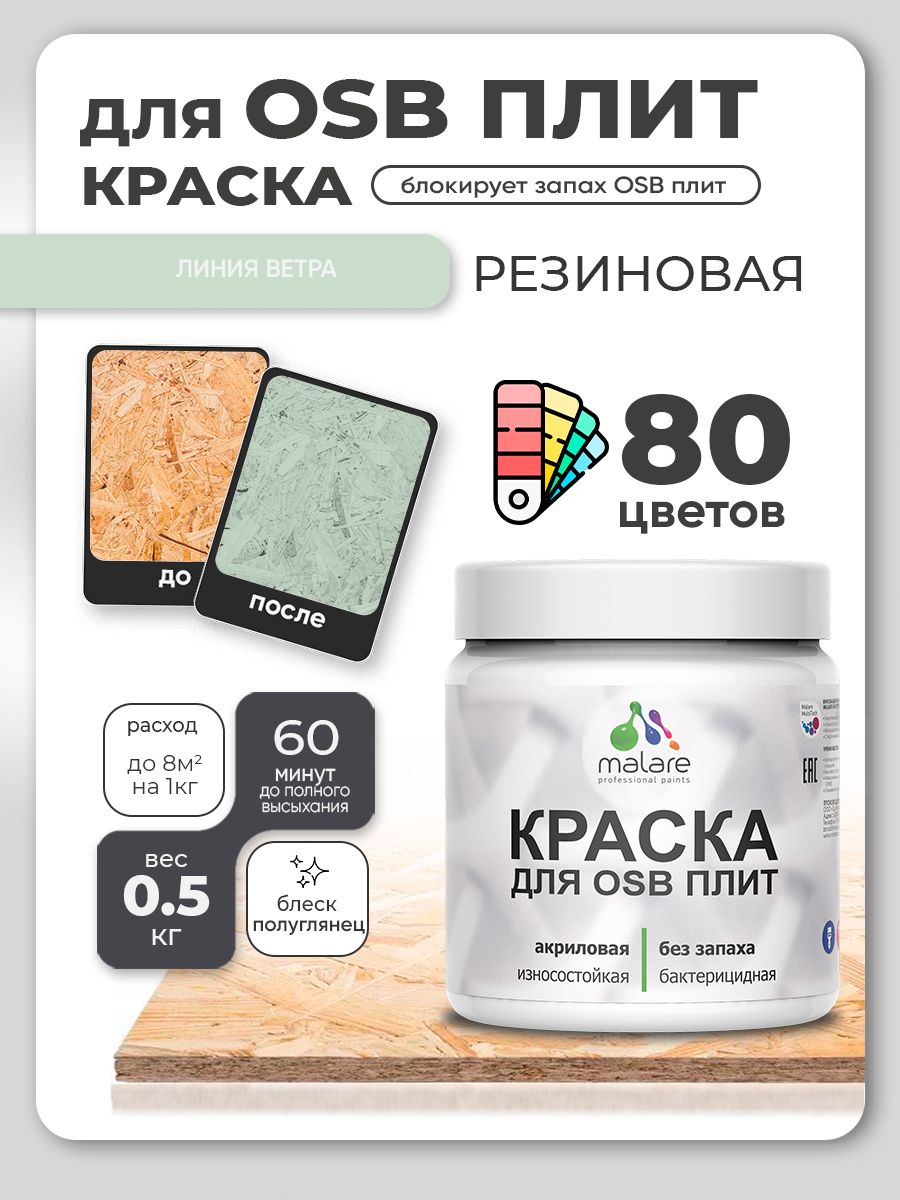 Резиновая краска для ОСБ плит Malare акриловая краска для дерева для наружных и внутренних работ, быстросохнущая без запаха полуглянцевая, линия ветра, 0.5 кг