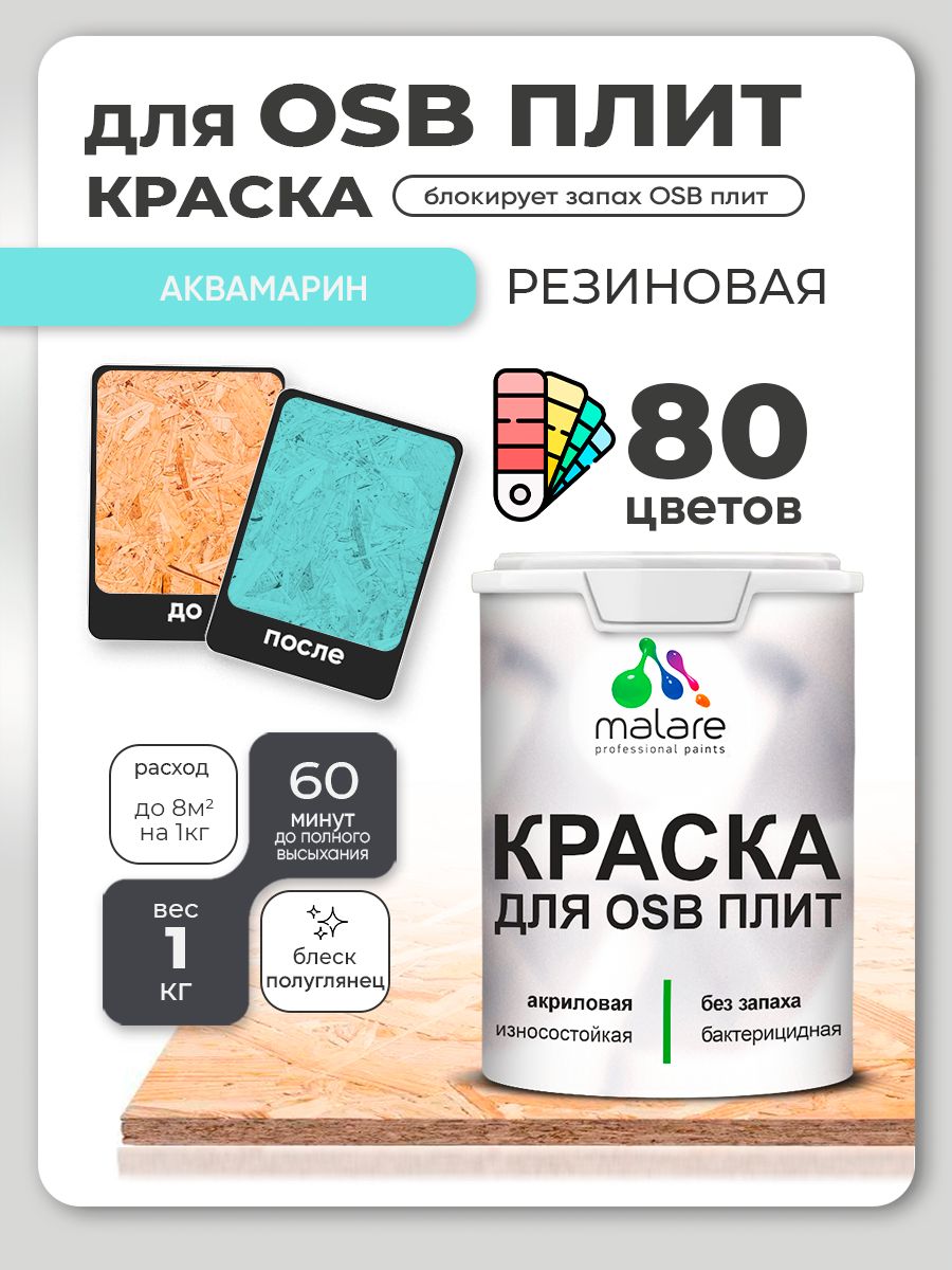 Резиновая краска для ОСБ плит Malare акриловая краска для дерева для наружных и внутренних работ, быстросохнущая без запаха полуглянцевая, аквамарин, 1 кг