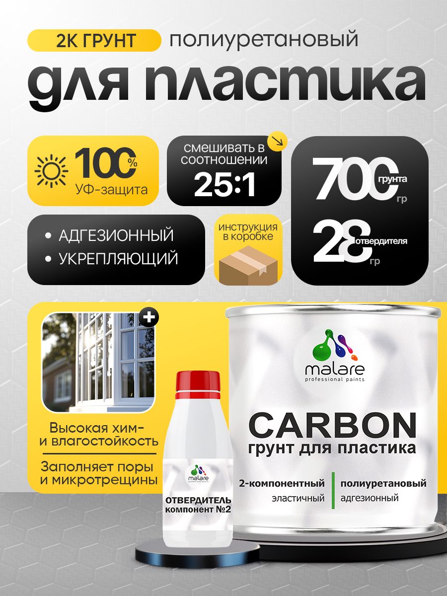 2К Полиуретановый грунт Malare CARBON для пластика, двухкомпонентный адгезионный выравнивающий высокопрочный износостойкий, укрепляющий, УФ-стойкий эластичный (0.7 кг + 30 гр отвердитель)