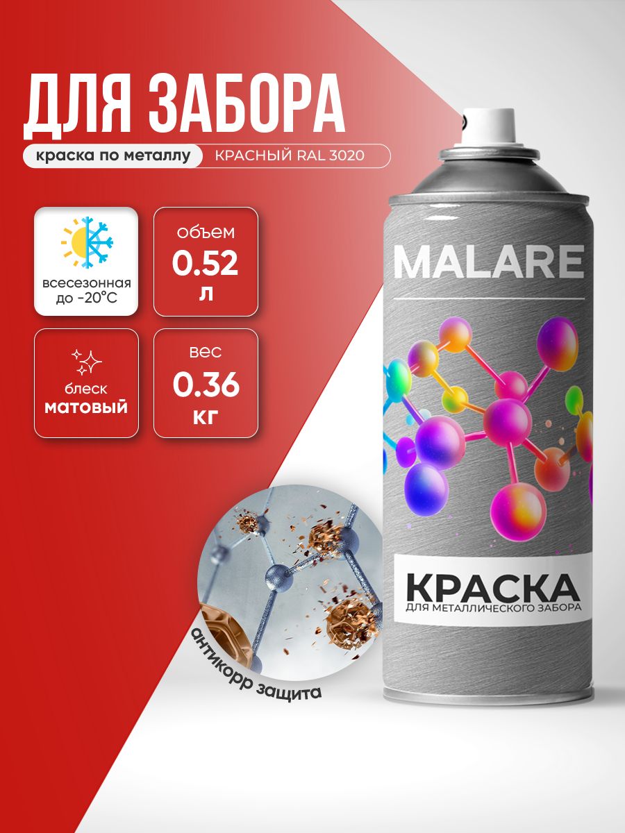 Аэрозольная краска по металлу Malare для крыш и заборов по ржавчине, для наружных работ, быстросохнущая износостойкая, матовый, красный, 520 мл