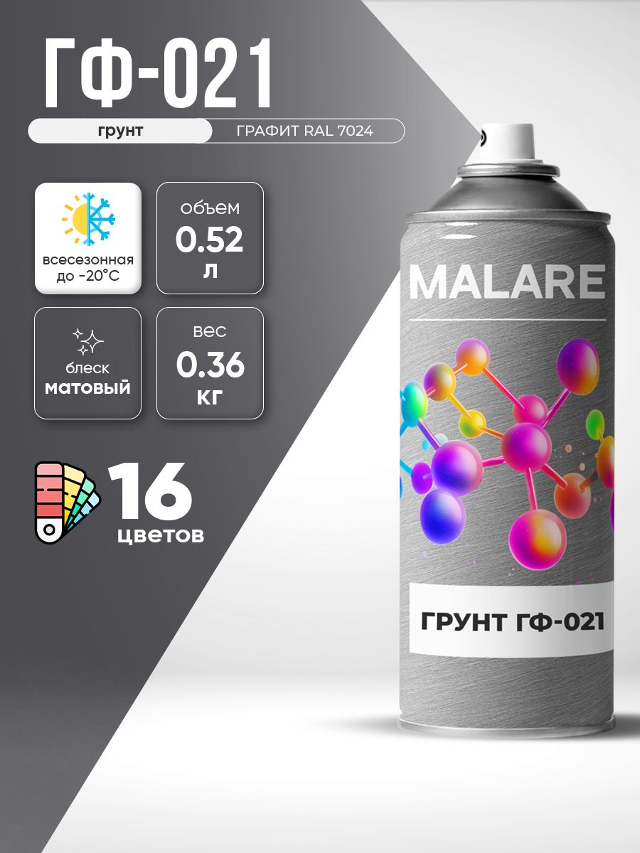 Аэрозольная грунтовка Malare ГФ-021 для металла по дереву, для минеральных поверхностей , антикоррозионная быстросохнущая RAL 7024, графитово-серый(темный), матовая, 520 мл.