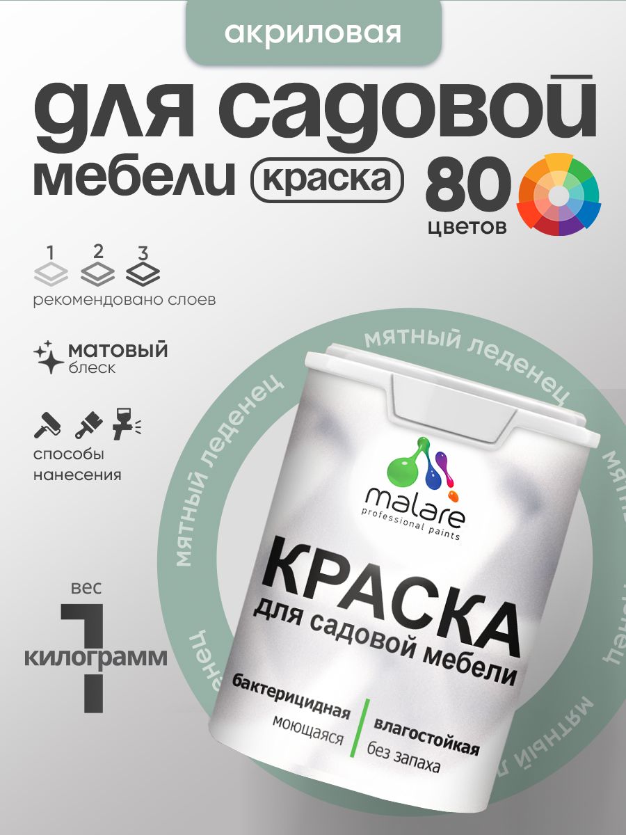 Акриловая краска Malare для садовой мебели/ по дереву, для наружных и внутренних работ/ быстросохнущая моющаяся без запаха матовая, мятный леденец, 1 кг