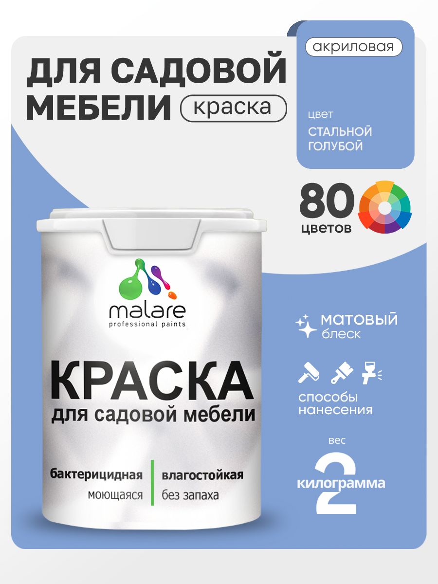Акриловая краска Malare для садовой мебели/ по дереву, для наружных и внутренних работ/ быстросохнущая моющаяся без запаха матовая, стальной голубой, 2 кг