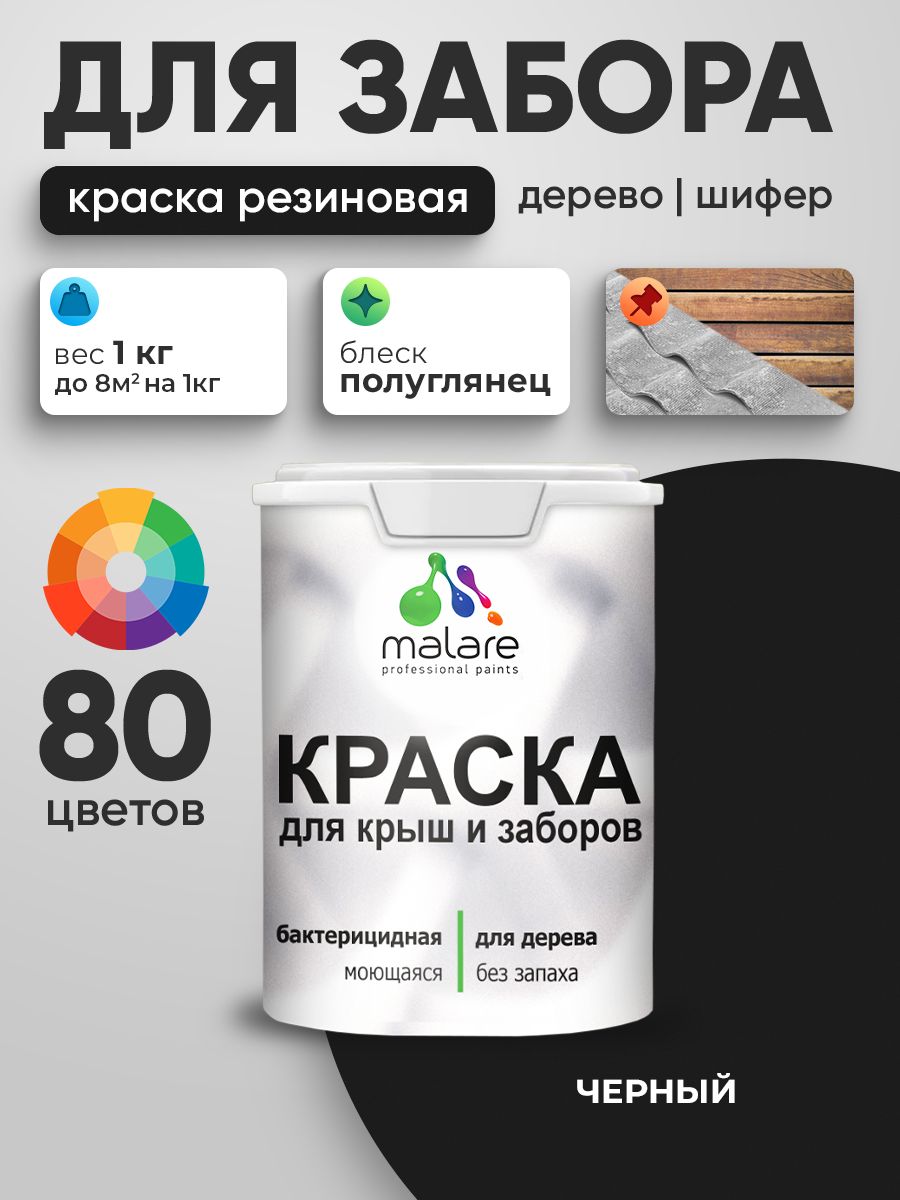 Резиновая краска Malare для деревянного забора/ по дереву для наружных и внутренних работ/ быстросохнущая моющаяся без запаха полуглянцевая, черный, 1 кг.