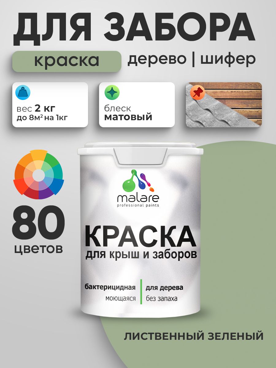 Акриловая краска Malare для деревянного забора/ по дереву для наружных и внутренних работ/ быстросохнущая моющаяся без запаха, матовая, лиственный зеленый, 2 кг.