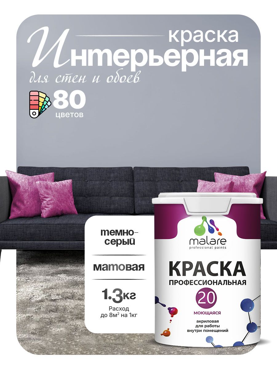 Акриловая краска для стен и обоев Malare Euro №20 моющаяся интерьерная, без запаха быстросохнущая, матовая, темно-серый, (1л - 1.3кг)