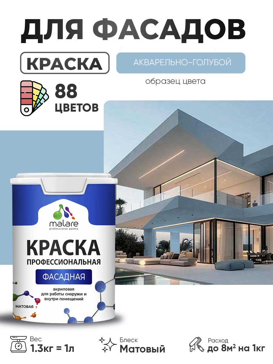 Краска фасадная для наружных работ Malare Professional для дерева по бетону, для минеральных поверхностей, акриловая быстросохнущая без запаха, матовая, акварельно-голубой, (1л - 1.3кг)