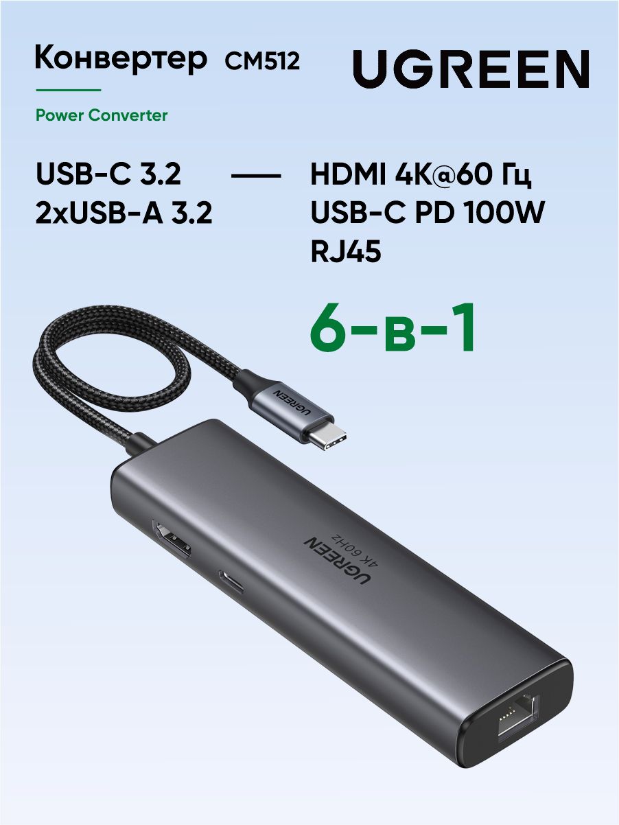 Конвертер UGREEN CM512 (45000) USB-C to HDMI+2*USB 3.2 A+1*USB 3.2 C ...