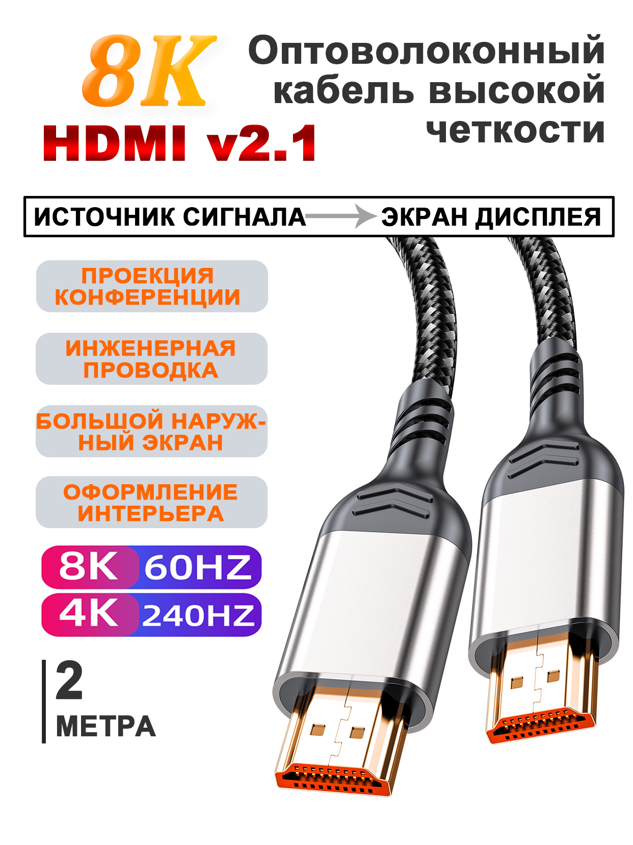 QISHIВидеокабельHDMI/HDMI,2м,серебристый