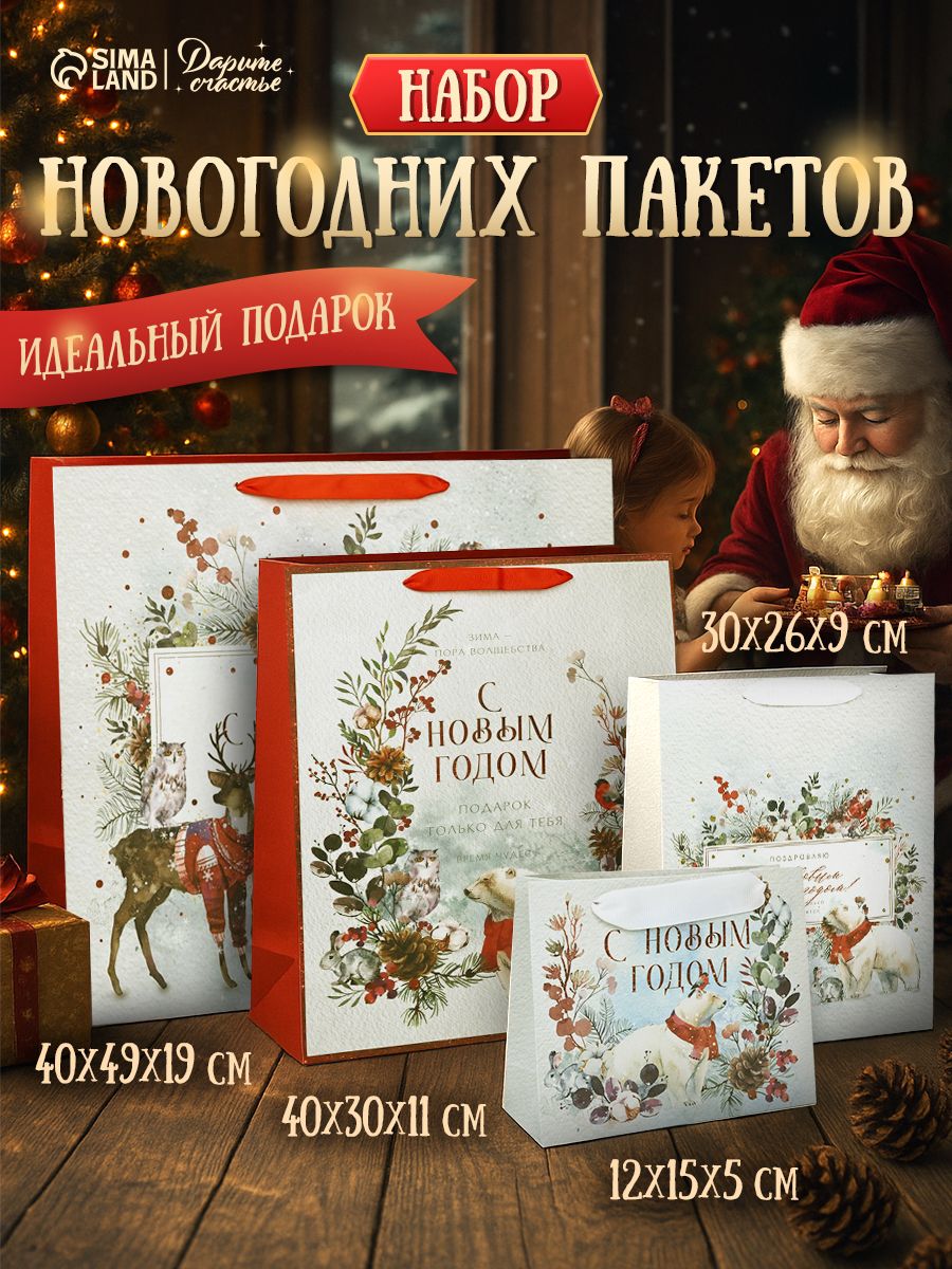 Пакеты подарочные новогодние, набор 4 шт.