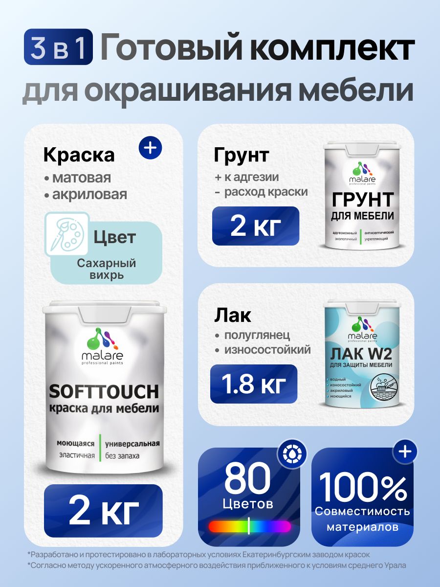 Комплект Malare SoftTouch для окрашивания мебели (2кг грунт + 2кг краска + 1.8кг лак) акриловый без запаха быстросохнущий полуглянцевый, цвет сахарный вихрь