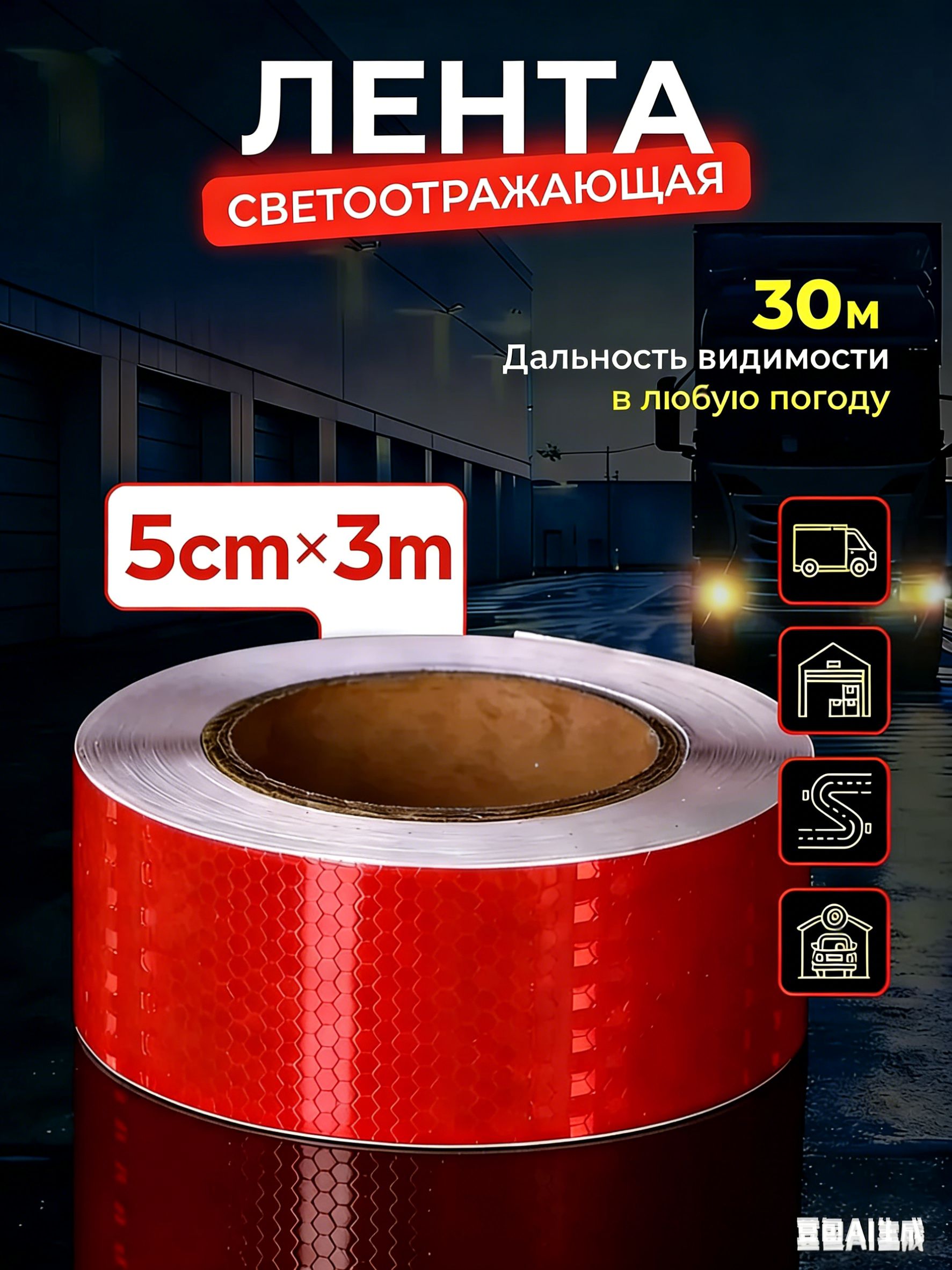 Лента светоотражающая (красная) 5смх20м
