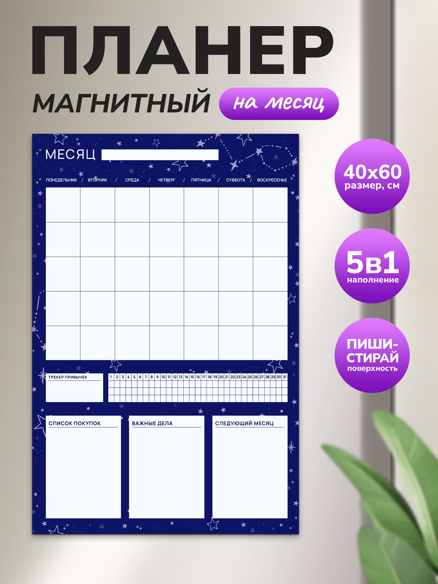 Магнитный планер на месяц 40х60 синий "Wellkit" Еженедельник 5 в 1 на холодильник