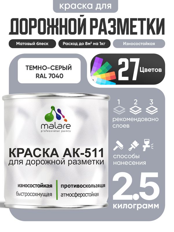 Дорожная краска АК-511 Malare для дорожной разметки, краска для пола по бетону, износостойкая, быстросохнущая, матовая RAL 7040, темно-серый, 2,5 кг