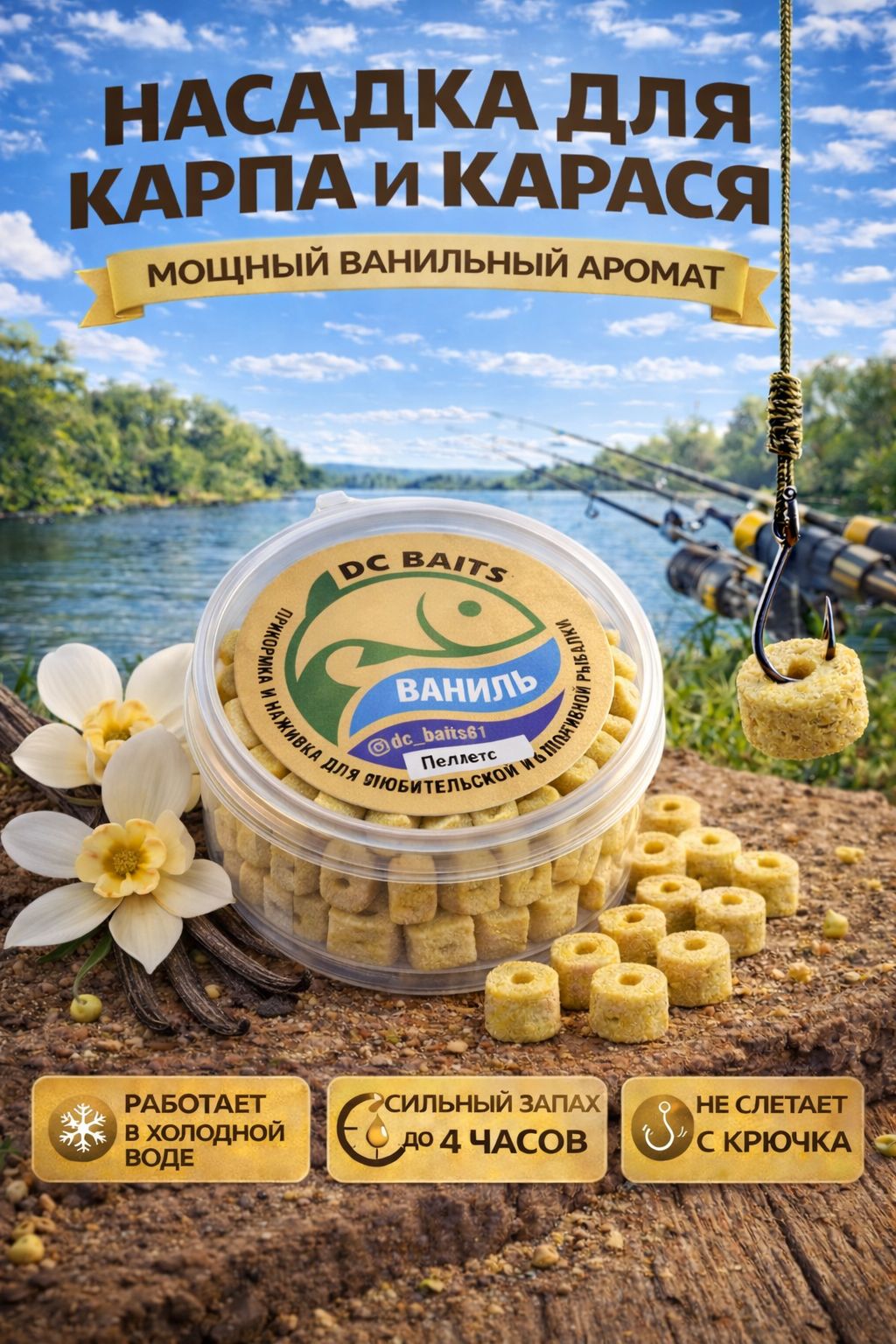 Насадкапеллетскрупный"Ваниль"длярыбалки,прикормкакарпкарась,ароматдо4часов,дляфидераидонки