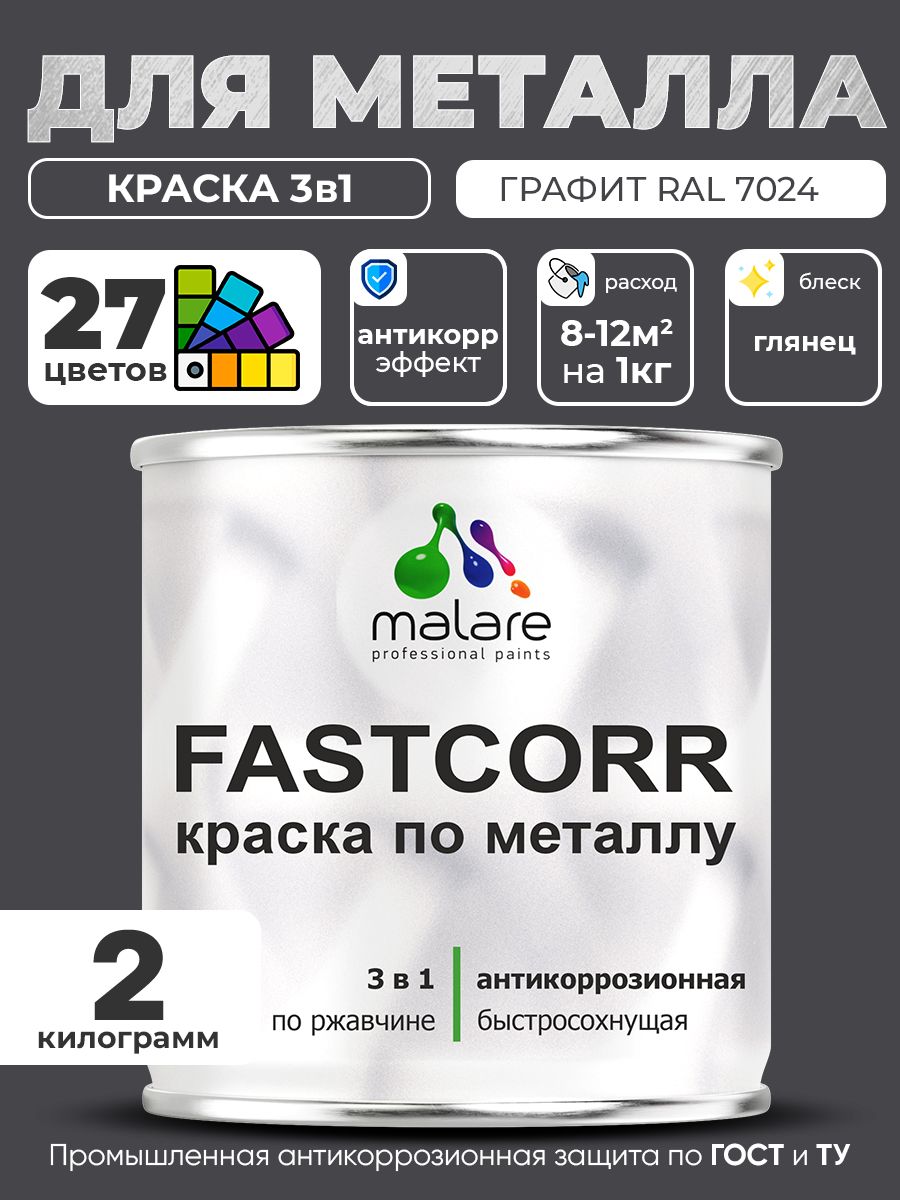 Краска для металла по ржавчине Malare FastCorr, для наружных работ износостойкая, быстросохнущая RAL 7024 графитово-серый(темный), глянцевая, 2 кг