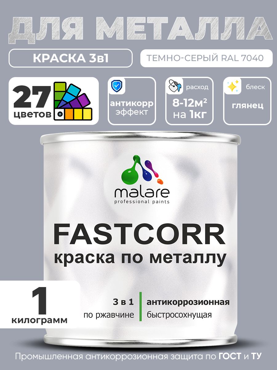 Краска для металла по ржавчине Malare FastCorr, для наружных работ износостойкая, быстросохнущая RAL 7040 темно-серый, глянцевая, 1 кг