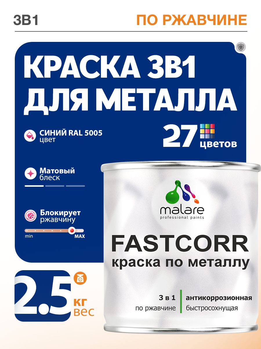Краска для металла по ржавчине Malare FastCorr, для наружных работ износостойкая, быстросохнущая RAL 5005 синий, матовая, 2,5 кг