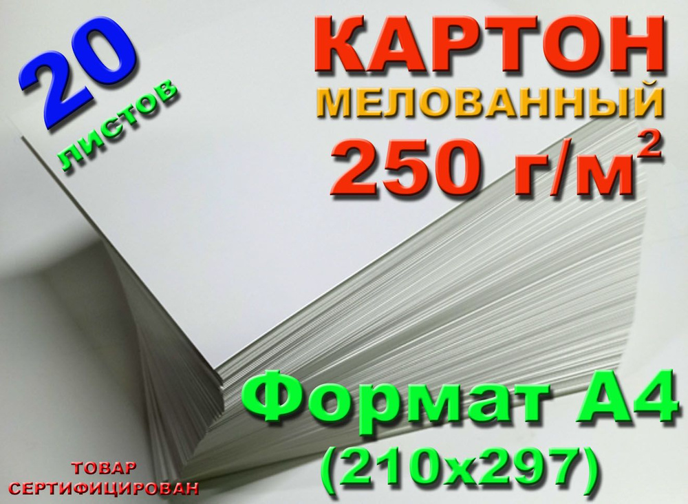 (20 л.) Картон плотный мелованный, формат А4, плотность 250 г/м2 #1
