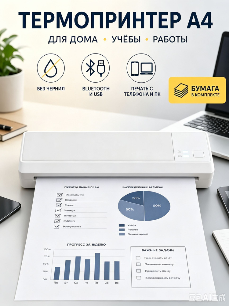 Портативный термопринтер A4 , печать без чернил с телефона, аккумуляторный #1