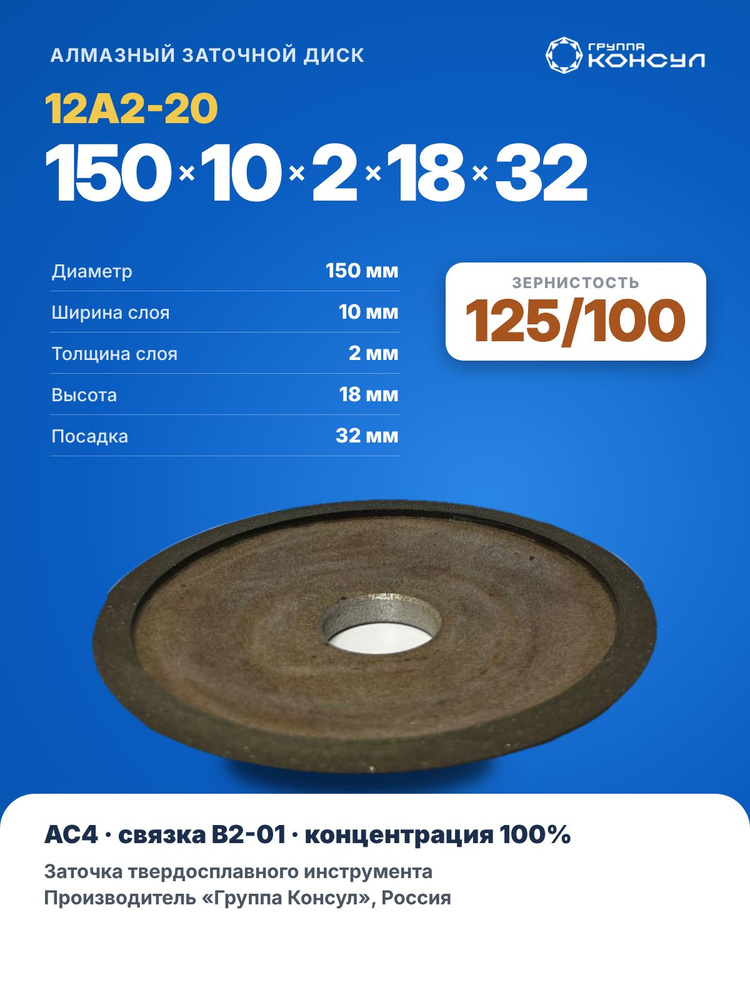 Круг алмазный 12А2-20 150х10х2х18х32 АС4 125/100 В2-01 100%, заточной диск АДЗ-ГК #1