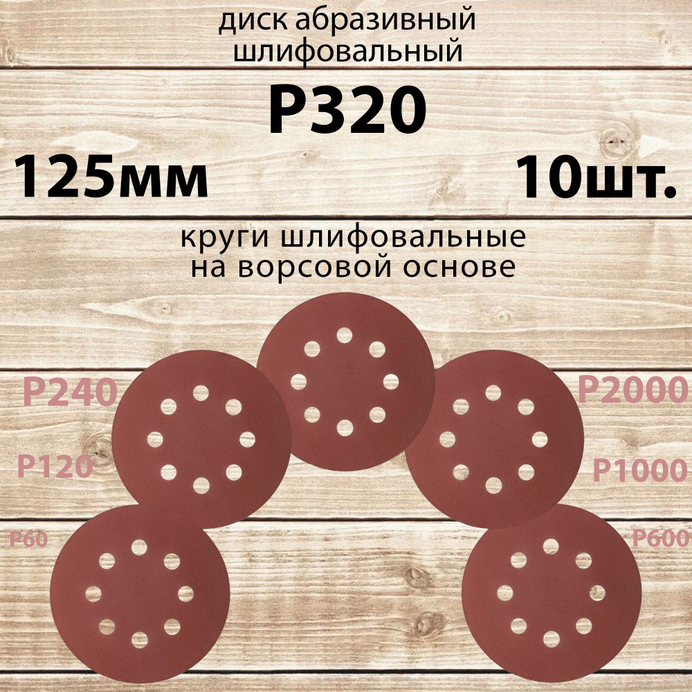 Круг шлифовальный 125 мм на липучке, P320 (10 штук), диск шлифовальный на ворсовой основе /диск абразивный #1