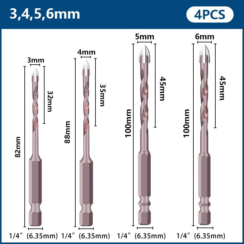 Набор свёрл 4 шт по стеклу , керамике , кафелю Сверла четырехгранные 3-6мм  #1