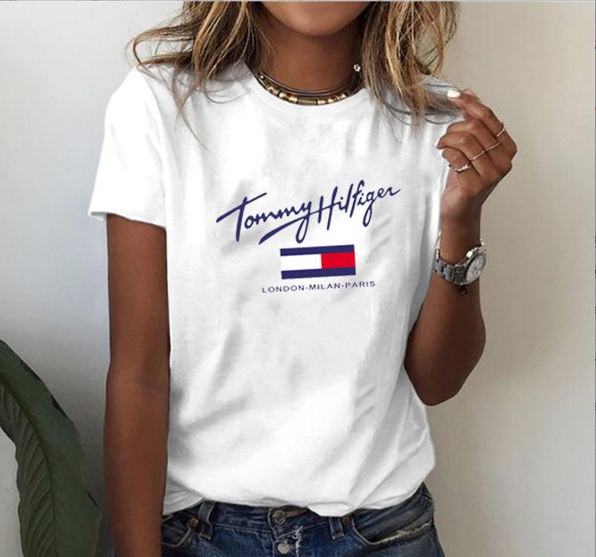 Футболка Женский Tommy Hilfiger белый Короткий, размер 46 Офисный ...